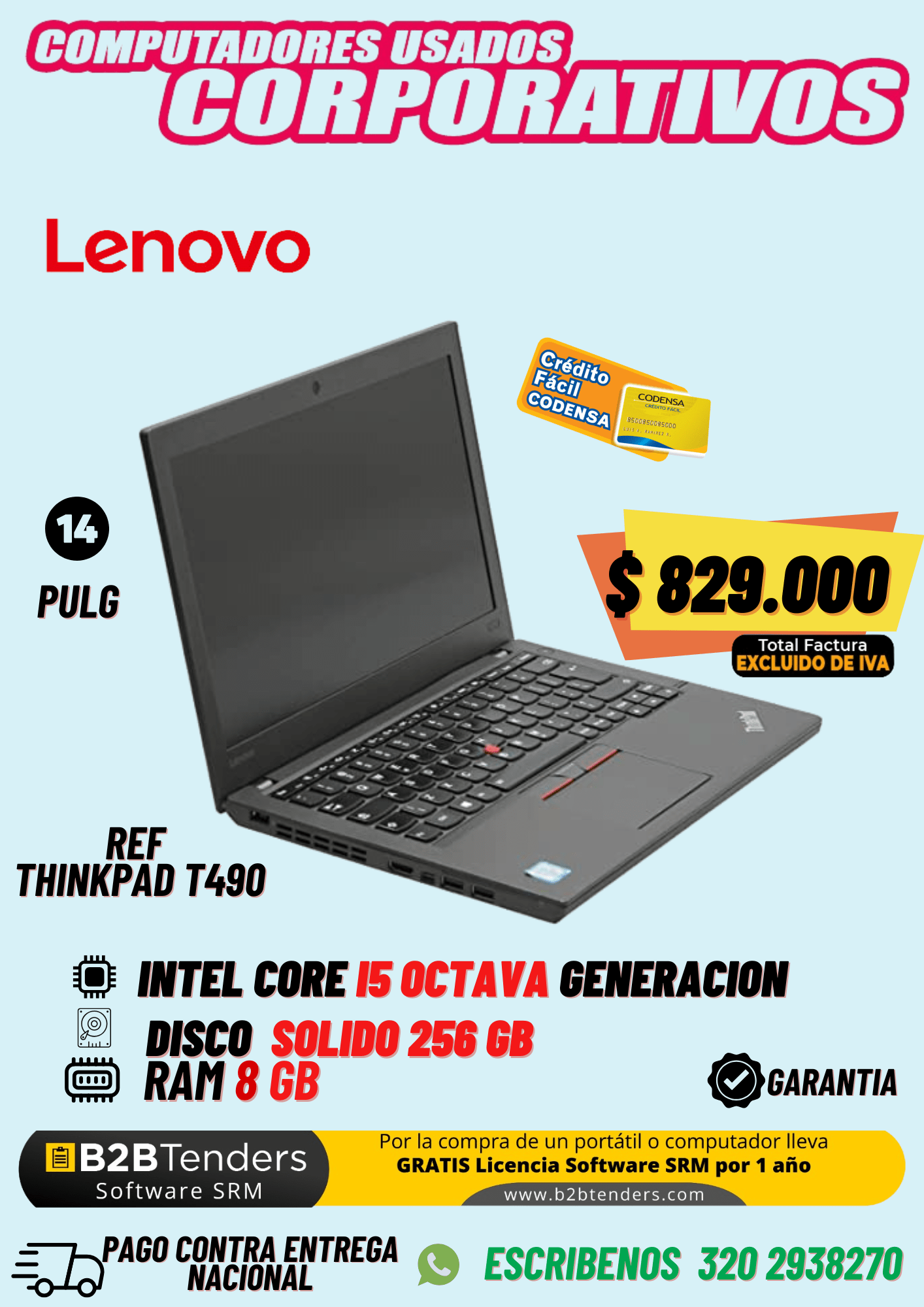 Lenovo ThinkPad T490 Usado | i5 8ª Gen, 8GB RAM, SSD 256GB | IVA incluido
